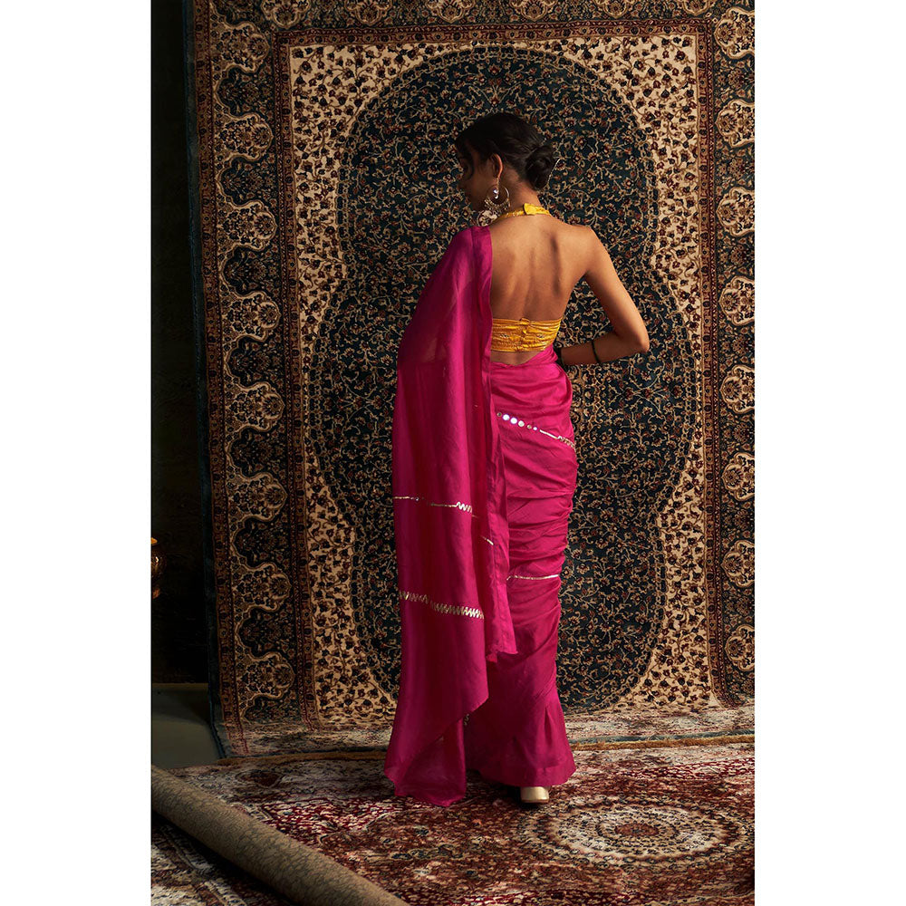 Charkhee Pink Prarambh Embroidered Chanderi Saree with Stitched Blouse