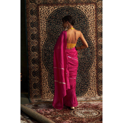 Charkhee Pink Prarambh Embroidered Chanderi Saree with Stitched Blouse