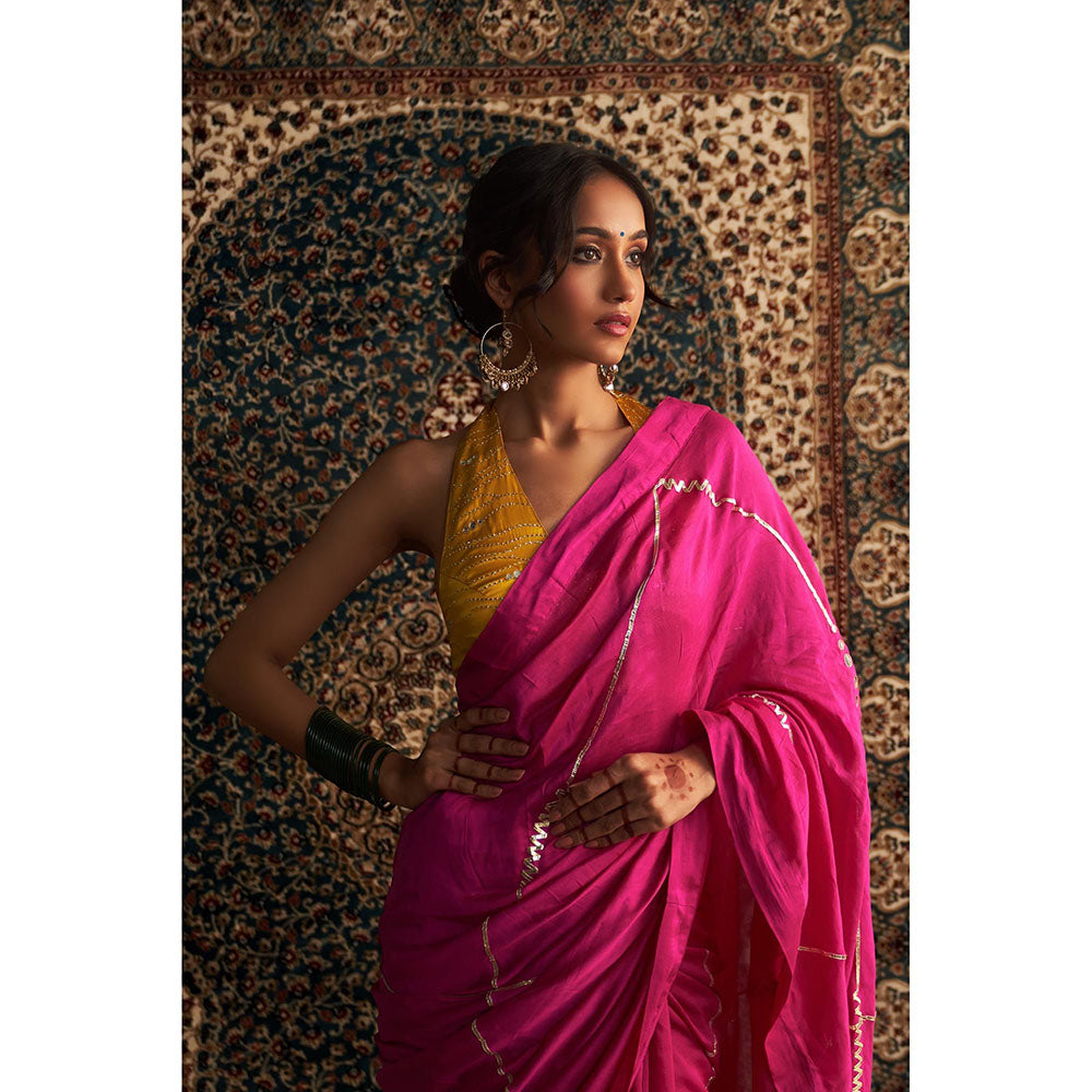 Charkhee Pink Prarambh Embroidered Chanderi Saree with Stitched Blouse