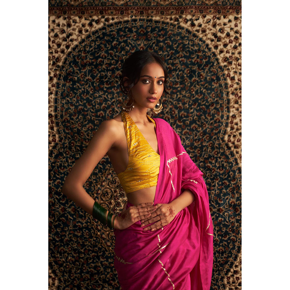 Charkhee Pink Prarambh Embroidered Chanderi Saree with Stitched Blouse