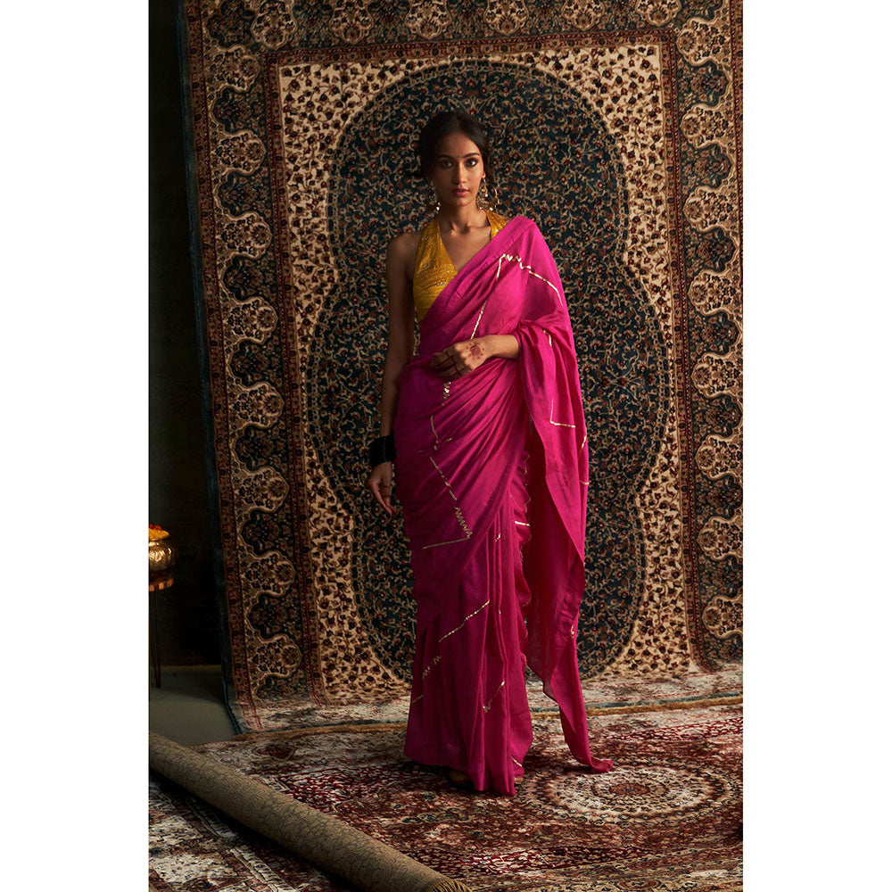 Charkhee Pink Prarambh Embroidered Chanderi Saree with Stitched Blouse