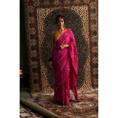 Charkhee Pink Prarambh Embroidered Chanderi Saree with Stitched Blouse