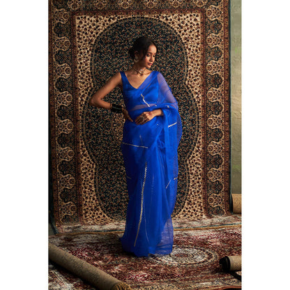 Charkhee Blue Prarambh Embroidered Organza Saree with Stitched Blouse