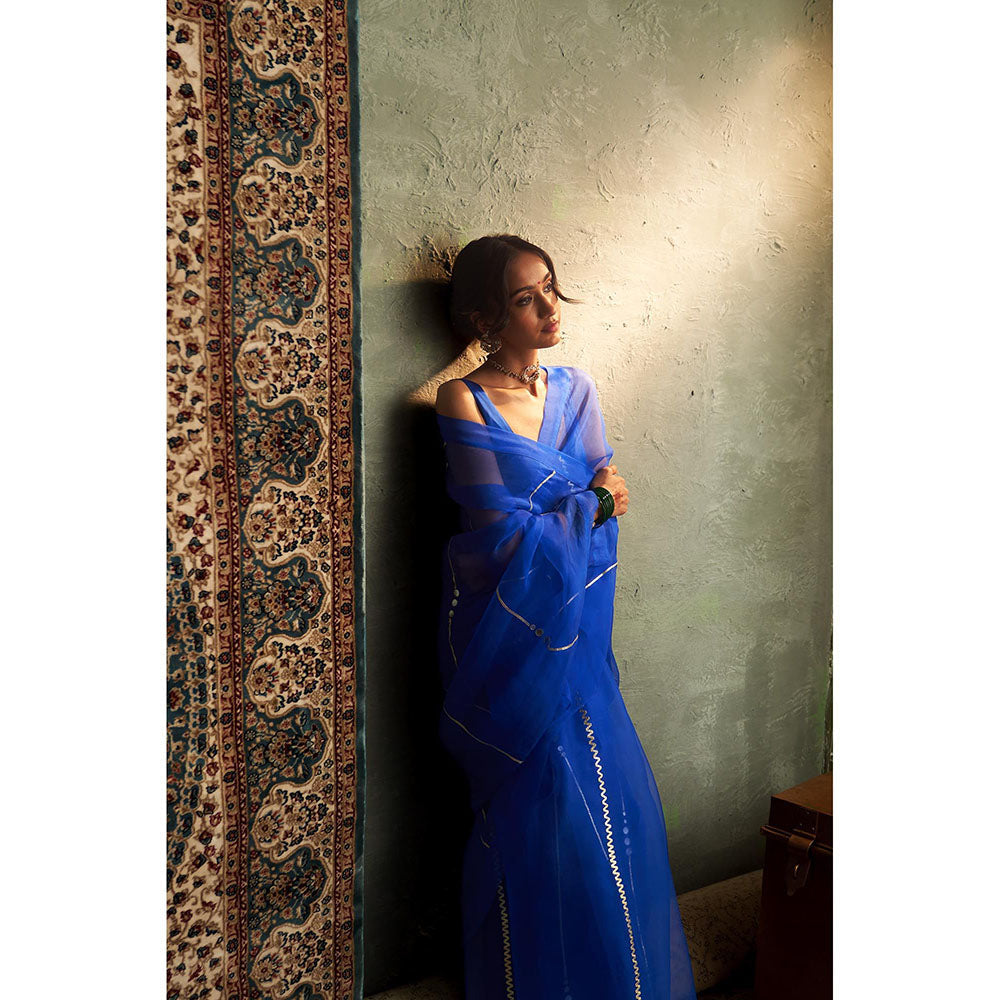 Charkhee Blue Prarambh Embroidered Organza Saree with Stitched Blouse