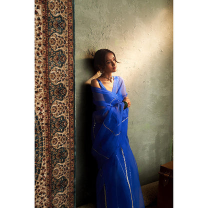 Charkhee Blue Prarambh Embroidered Organza Saree with Stitched Blouse