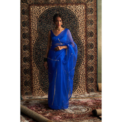 Charkhee Blue Prarambh Embroidered Organza Saree with Stitched Blouse