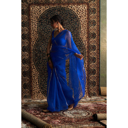 Charkhee Blue Prarambh Embroidered Organza Saree with Stitched Blouse