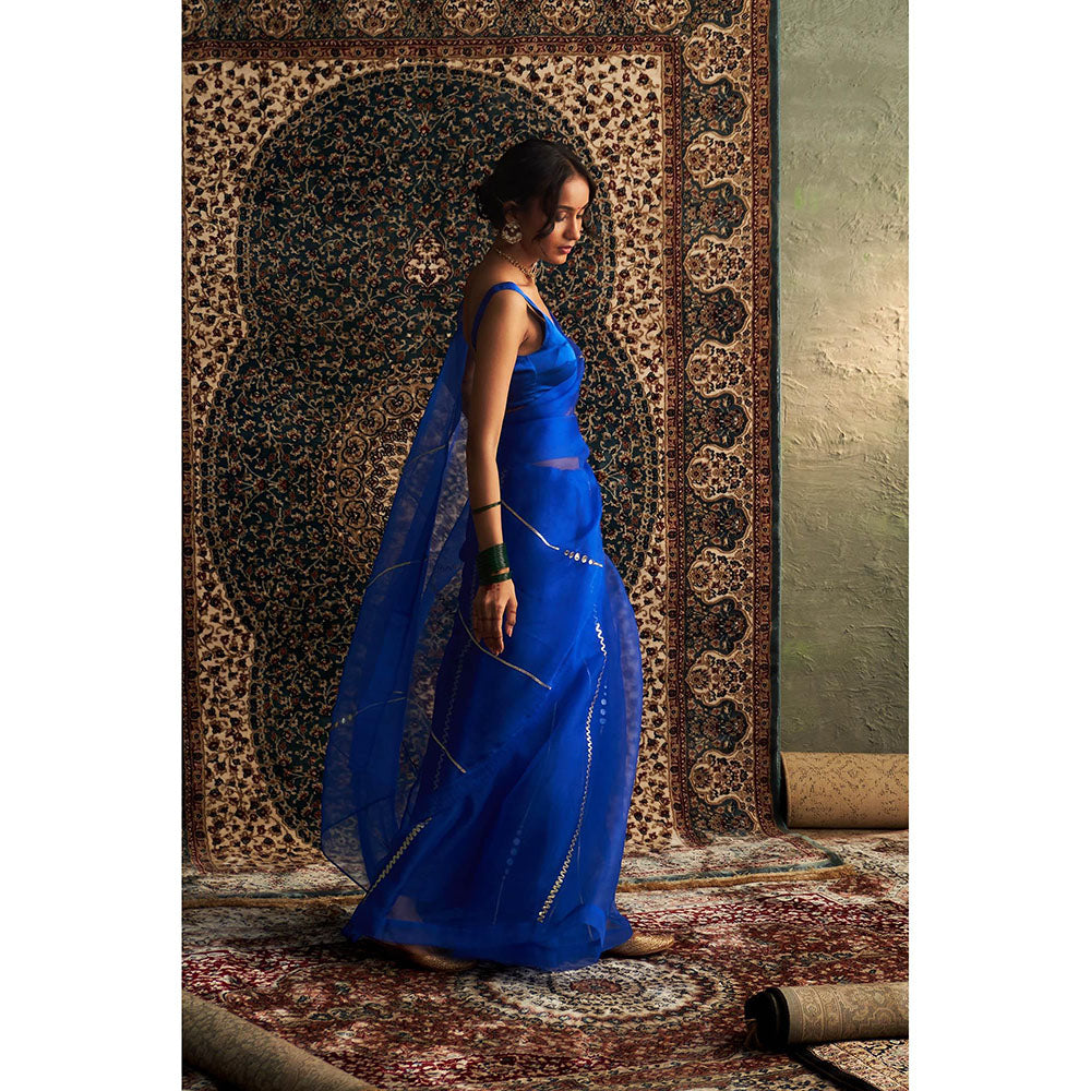 Charkhee Blue Prarambh Embroidered Organza Saree with Stitched Blouse