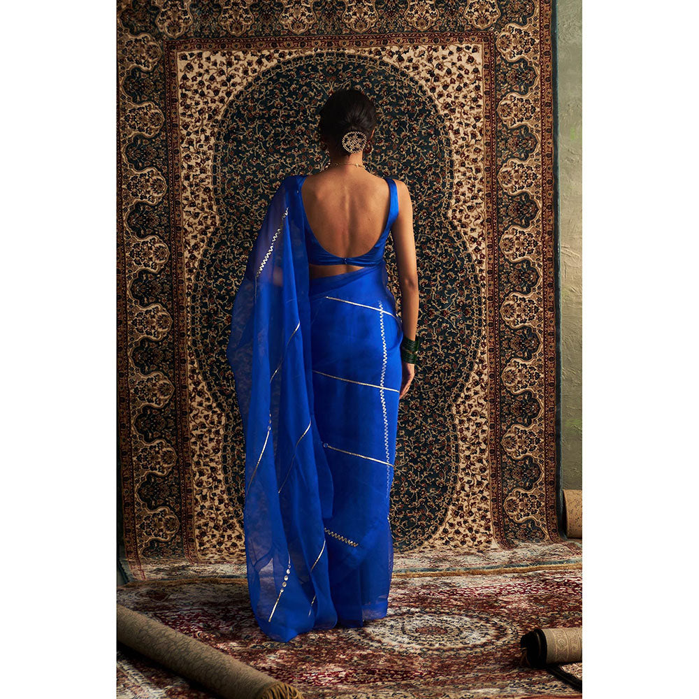 Charkhee Blue Prarambh Embroidered Organza Saree with Stitched Blouse