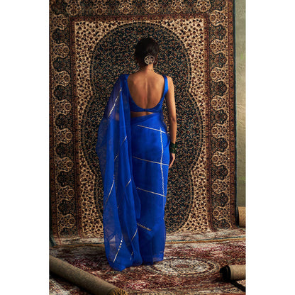 Charkhee Blue Prarambh Embroidered Organza Saree with Stitched Blouse