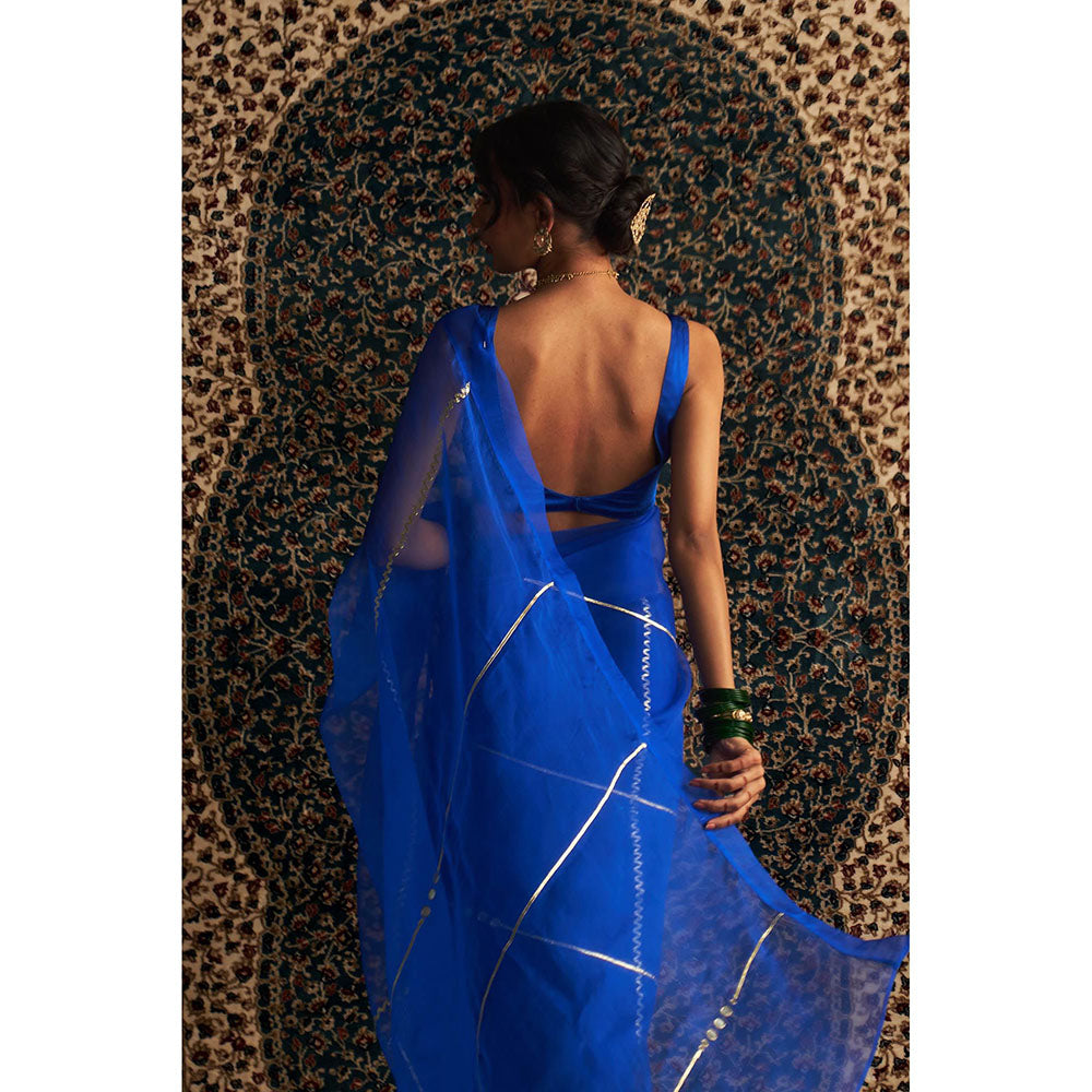 Charkhee Blue Prarambh Embroidered Organza Saree with Stitched Blouse