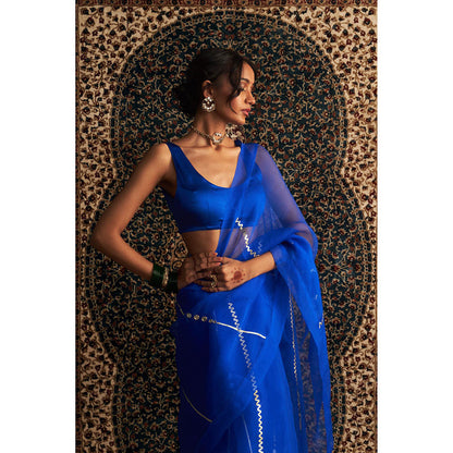 Charkhee Blue Prarambh Embroidered Organza Saree with Stitched Blouse