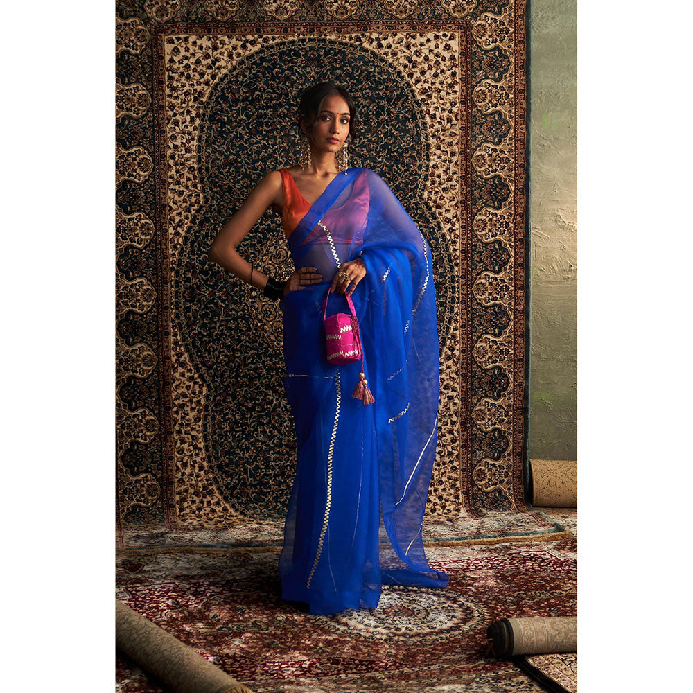Charkhee Blue Prarambh Embroidered Organza Saree with Stitched Blouse