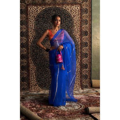 Charkhee Blue Prarambh Embroidered Organza Saree with Stitched Blouse