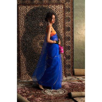 Charkhee Blue Prarambh Embroidered Organza Saree with Stitched Blouse