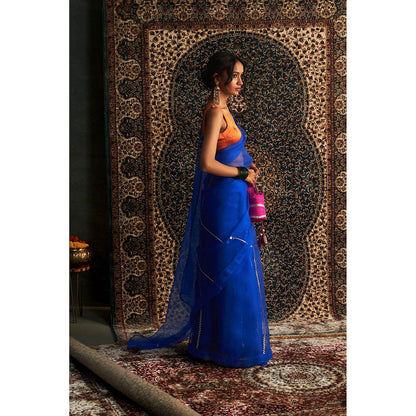 Charkhee Blue Prarambh Embroidered Organza Saree with Stitched Blouse