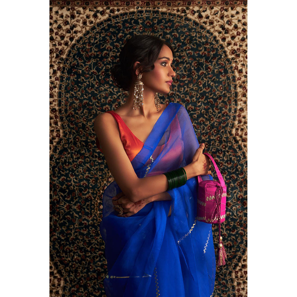 Charkhee Blue Prarambh Embroidered Organza Saree with Stitched Blouse
