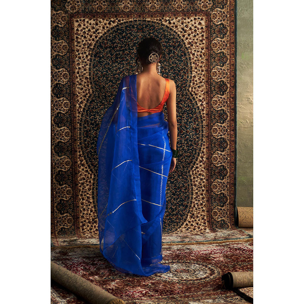 Charkhee Blue Prarambh Embroidered Organza Saree with Stitched Blouse