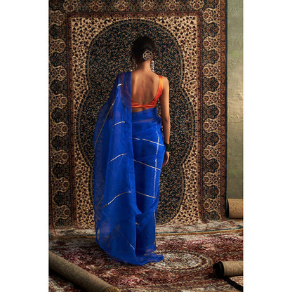 Charkhee Blue Prarambh Embroidered Organza Saree with Stitched Blouse