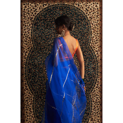 Charkhee Blue Prarambh Embroidered Organza Saree with Stitched Blouse