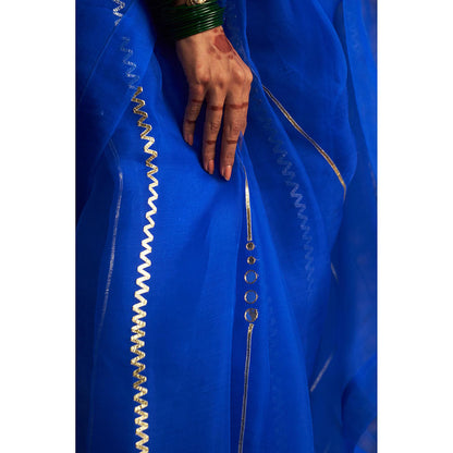Charkhee Blue Prarambh Embroidered Organza Saree with Stitched Blouse