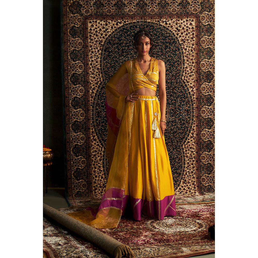 Charkhee Yellow Prarambh Embroidered Lehenga with Blouse and Dupatta (Set of 3)