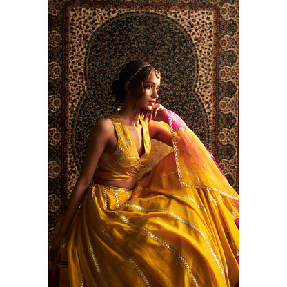 Charkhee Yellow Prarambh Embroidered Lehenga with Blouse and Dupatta (Set of 3)