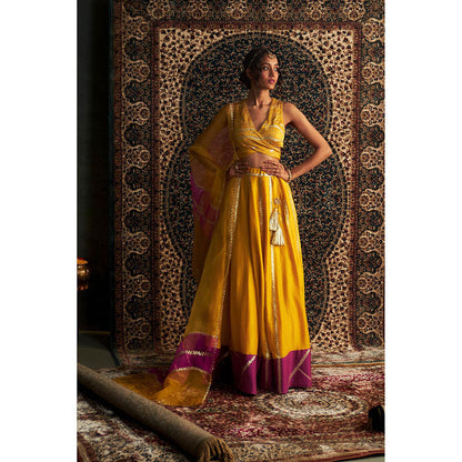 Charkhee Yellow Prarambh Embroidered Lehenga with Blouse and Dupatta (Set of 3)