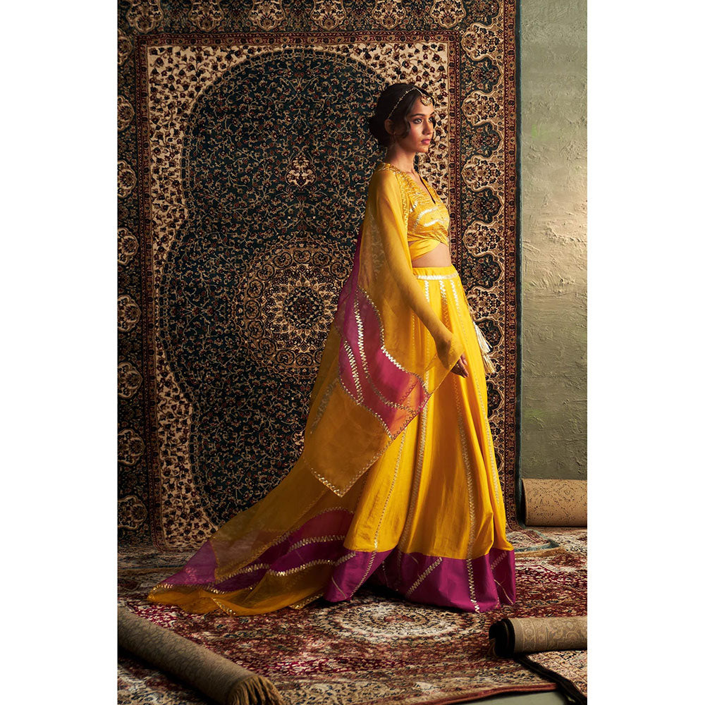Charkhee Yellow Prarambh Embroidered Lehenga with Blouse and Dupatta (Set of 3)