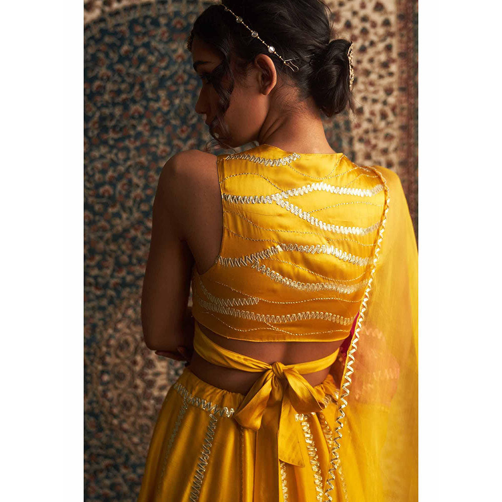 Charkhee Yellow Prarambh Embroidered Lehenga with Blouse and Dupatta (Set of 3)