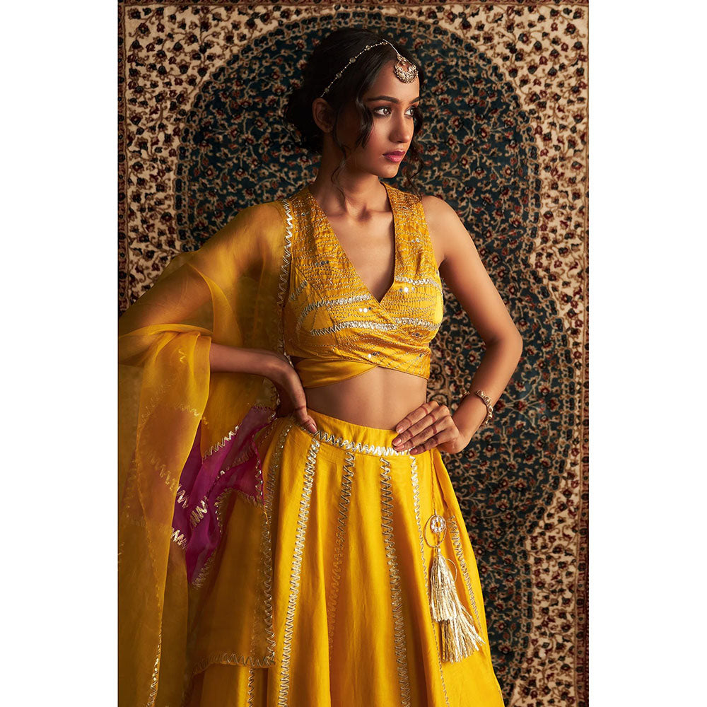 Charkhee Yellow Prarambh Embroidered Lehenga with Blouse and Dupatta (Set of 3)