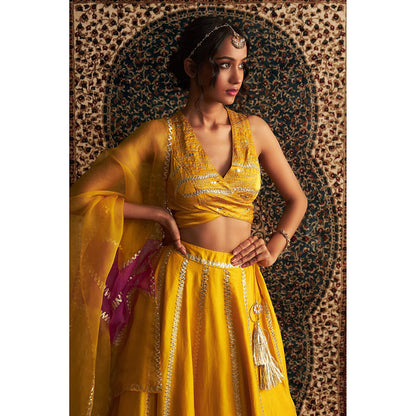 Charkhee Yellow Prarambh Embroidered Lehenga with Blouse and Dupatta (Set of 3)