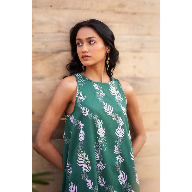 Charkhee Green Printed Sleeveless Co-Ord (Set of 2)