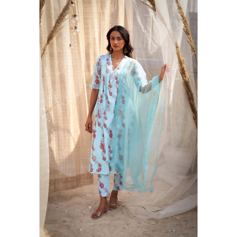 Charkhee Blue Printed Gathered V Neck Kurta with Pant and Dupatta (Set of 3)