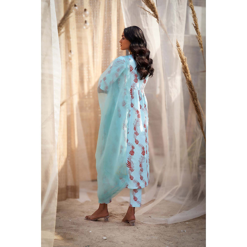 Charkhee Blue Printed Gathered V Neck Kurta with Pant and Dupatta (Set of 3)
