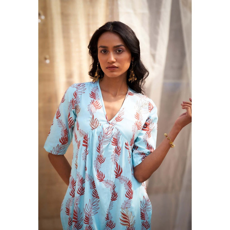 Charkhee Blue Printed Gathered V Neck Kurta with Pant and Dupatta (Set of 3)