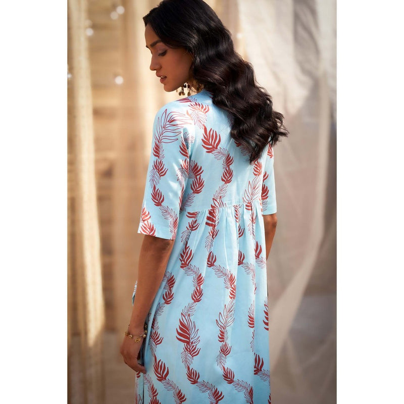 Charkhee Blue Printed Gathered V Neck Kurta with Pant and Dupatta (Set of 3)