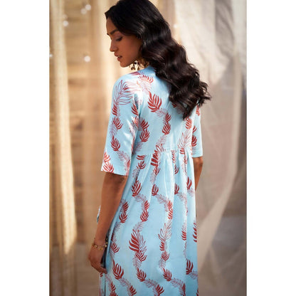 Charkhee Blue Printed Gathered V Neck Kurta with Pant and Dupatta (Set of 3)