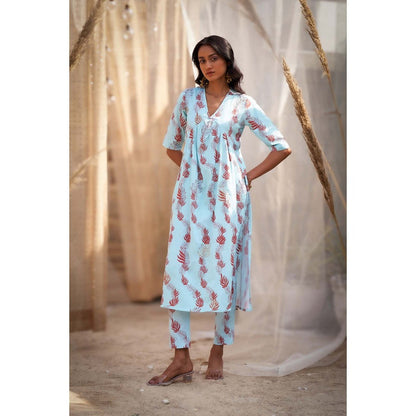 Charkhee Blue Printed Gathered V Neck Kurta with Pant and Dupatta (Set of 3)