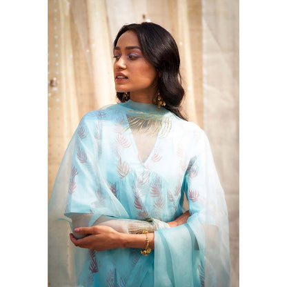 Charkhee Blue Printed Gathered V Neck Kurta with Pant and Dupatta (Set of 3)