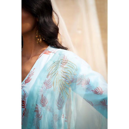 Charkhee Blue Printed Gathered V Neck Kurta with Pant and Dupatta (Set of 3)
