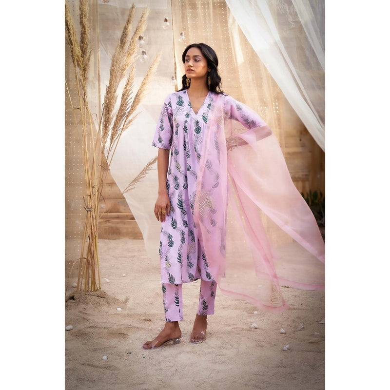 Charkhee Purple Printed Gathered V Neck Kurta with Pant and Dupatta (Set of 3)