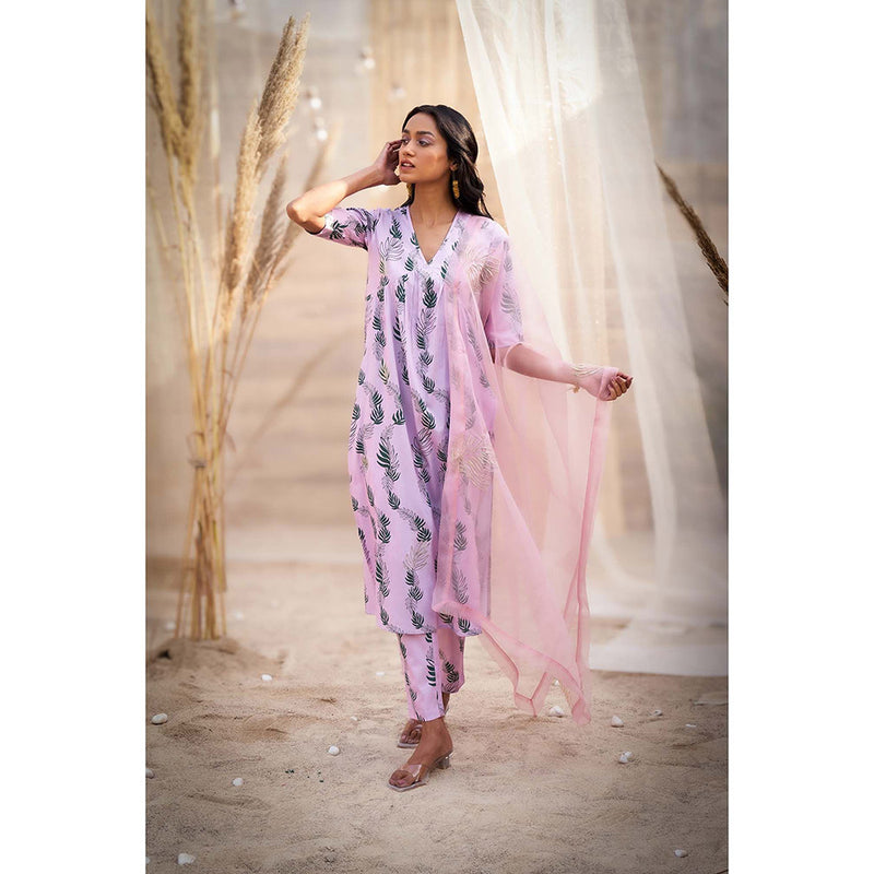 Charkhee Purple Printed Gathered V Neck Kurta with Pant and Dupatta (Set of 3)
