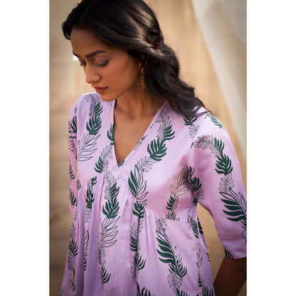 Charkhee Purple Printed Gathered V Neck Kurta with Pant and Dupatta (Set of 3)