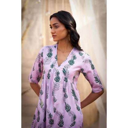 Charkhee Purple Printed Gathered V Neck Kurta with Pant and Dupatta (Set of 3)