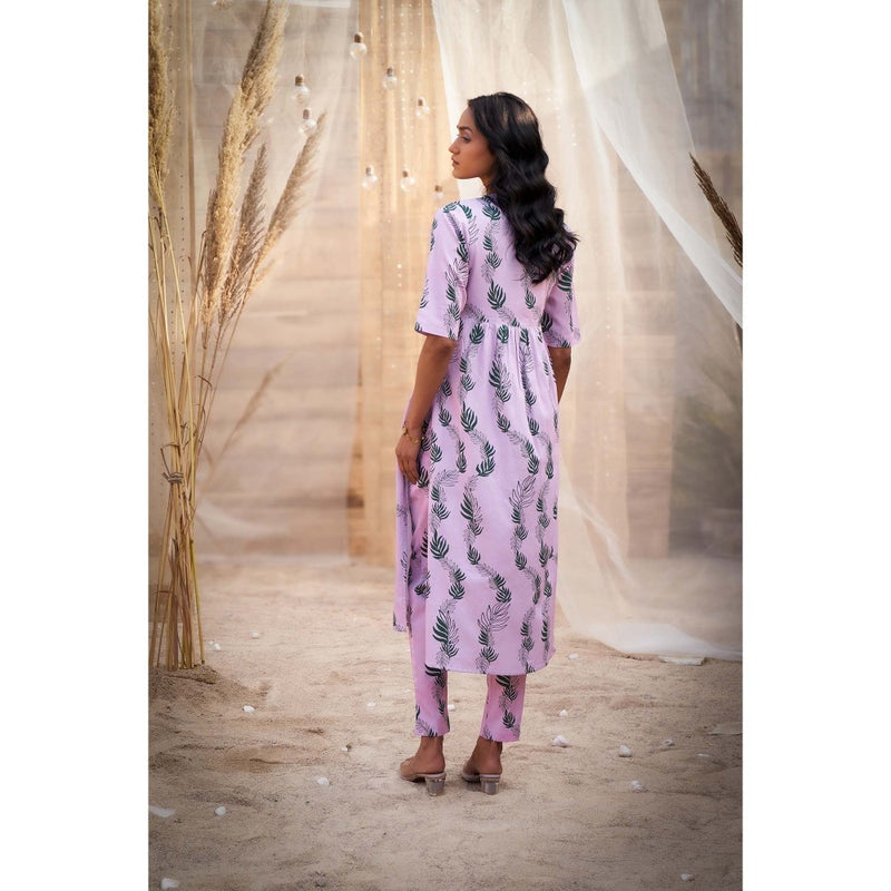 Charkhee Purple Printed Gathered V Neck Kurta with Pant and Dupatta (Set of 3)