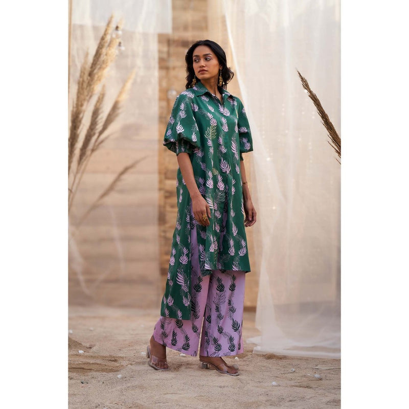 Charkhee Green Hi Lo Printed Kurta with Flared Pant (Set of 2)