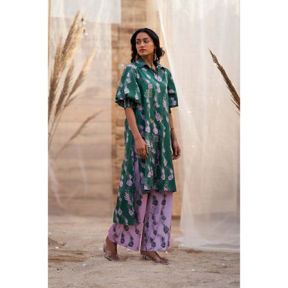 Charkhee Green Hi Lo Printed Kurta with Flared Pant (Set of 2)