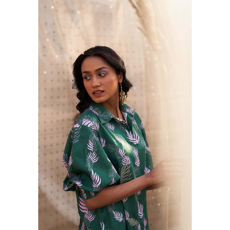 Charkhee Green Hi Lo Printed Kurta with Flared Pant (Set of 2)
