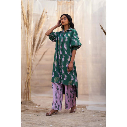 Charkhee Green Hi Lo Printed Kurta with Flared Pant (Set of 2)